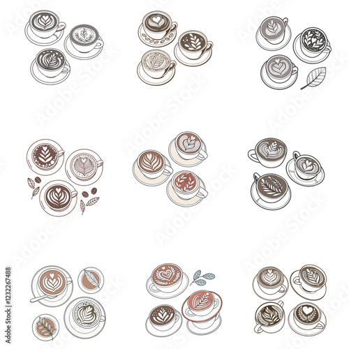 Hot coffee menu. Front view. Latte, cappuccino, americano, espresso, mocha, cocoa. Vector illustration.