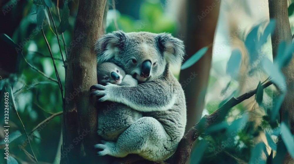 Obraz premium Koala mother with baby on back Ultra HD eucalyptus