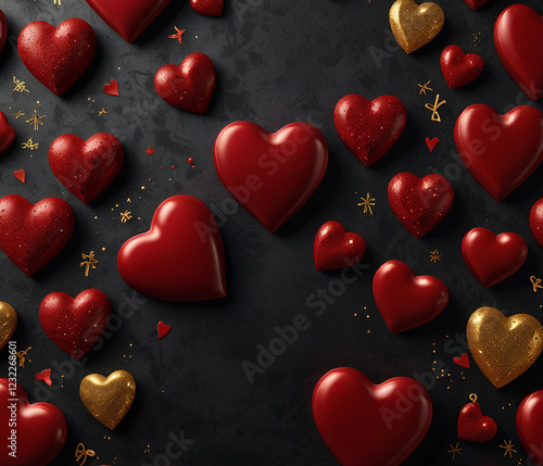 A luxurious Valentine’s backdrop featuring deep red hearts with a glossy 3D appearance, scattered on a dark, velvet-like background, with golden glitter accents