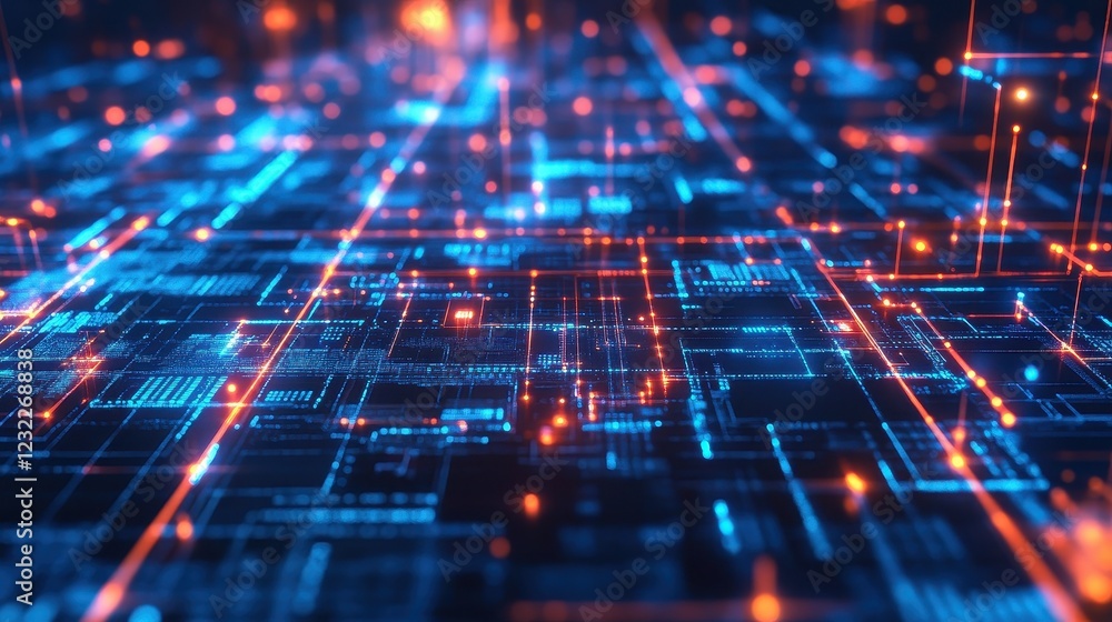 Fototapeta premium A global commerce network visualized through intricate digital pathways, glowing circuits, and blockchain-inspired holographic elements.