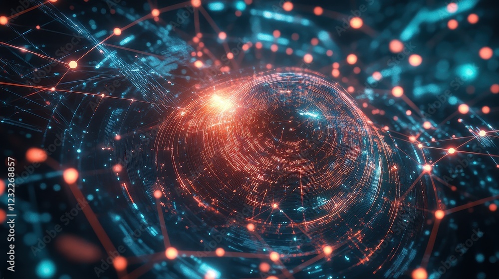 Obraz premium A global commerce network visualized through intricate digital pathways, glowing circuits, and blockchain-inspired holographic elements.