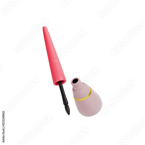 Black eyeliner eyeliner rendering. In a beautiful beige bottle with pink cap. Luxury cosmetics. Vector 3d illustration on isolated white background