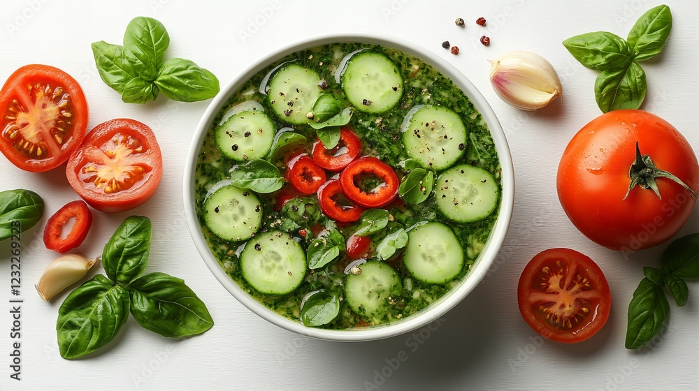 Fresh basil and cucumber salad with tomatoes and peppers on white background Fresh basil and cucumber salad with tomatoes and peppers on white background