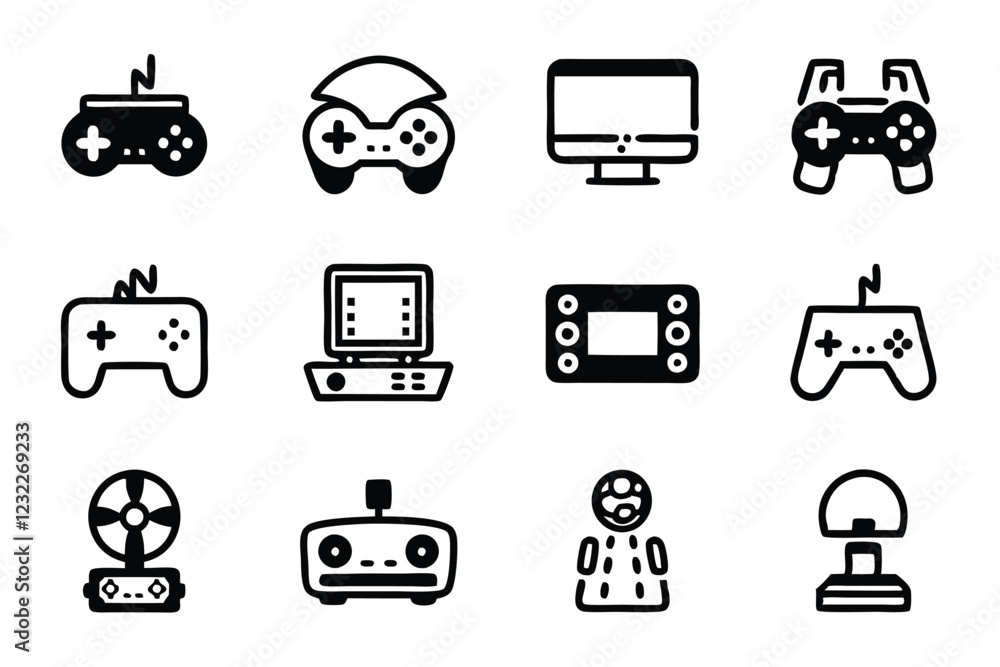 Create a clean, editable line icon set representing various aspects of the gaming industry, including controllers, consoles, headsets, and characters. Create a clean, editable line icon set representing various aspects of the gaming industry, including controllers, consoles, headsets, and characters.