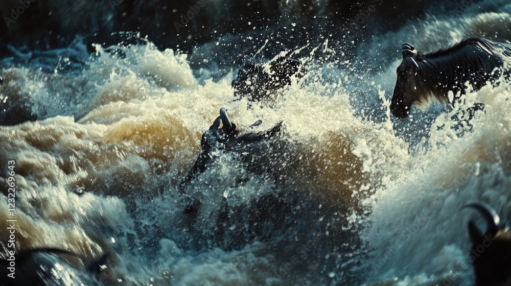 Naklejka premium Wildebeests crossing Mara River Ultra HD turbulent