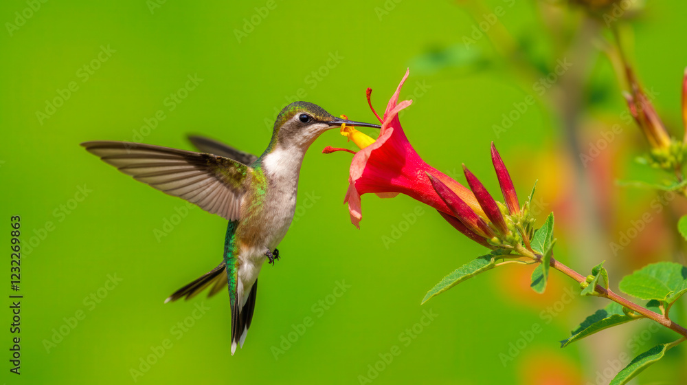 Fototapeta premium Hummingbird feeding on vibrant red trumpet flower in lush green garden, colorful scene with small bird hovering mid-air, wings spread wide, nature wildlife photography in summer