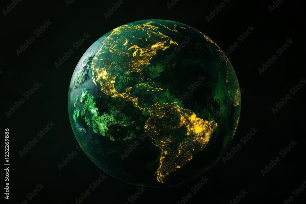 A Stylized Image Of Earth At Night, Glowing With City Lights And Dark Green Landmasses. A Dark, Mysterious And Slightly Futuristic Vibe. A Stylized Image Of Earth At Night, Glowing With City Lights And Dark Green Landmasses. A Dark, Mysterious And Slightly Futuristic Vibe.