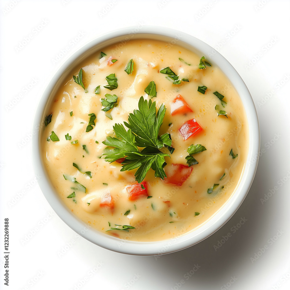 Ramekin of Queso Cheese Dip, Ramekin Style, top view, isolated on white, food photography Ramekin of Queso Cheese Dip, Ramekin Style, top view, isolated on white, food photography