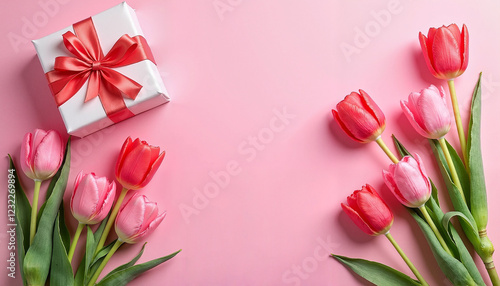 Wallpaper Mural Tulips with a gift box on a pink background, perfect for Valentine's Day, Mother's Day, and birthday designs, and promotions. Torontodigital.ca