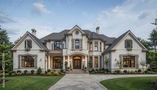 Elegant Two Story White Mansion with Dark Windows Landscaping and Stone Driveway