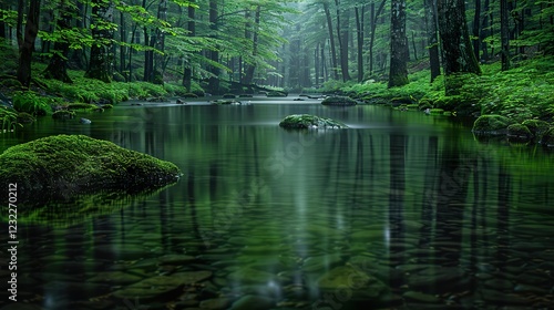 A quiet forest with a river cutting through in high definition  HD 8K wallpaper Photographic Image