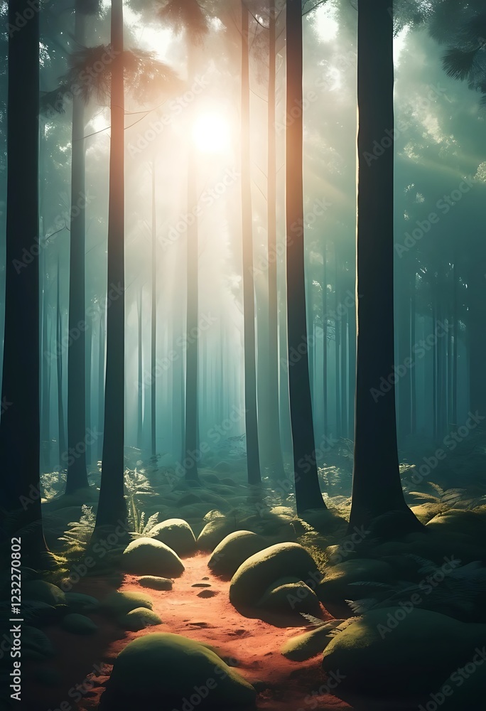 Obraz premium Sunlit Path Through Misty Forest With Mossy Rocks