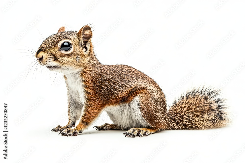 Side-view full-body shot of an adorable red squirrel against a solid white background, showcasing its natural charm and detailed features. Side-view full-body shot of an adorable red squirrel against a solid white background, showcasing its natural charm and detailed features.