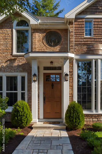Wallpaper Mural Brick House Exterior with Landscaping and Walkway. Beautiful home architecture, real estate, residential property, entrance design, garden, pathway, and facade. Torontodigital.ca