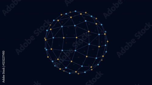 A 3D model shows a sphere covered in interconnected dots, forming a grid-like pattern. The dots and lines create an intricate network on the surface