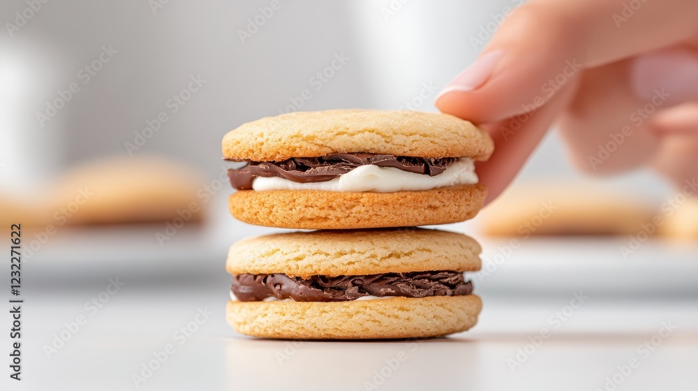 Enjoying chocolate cream sandwich cookies against a white backdrop Enjoying chocolate cream sandwich cookies against a white backdrop