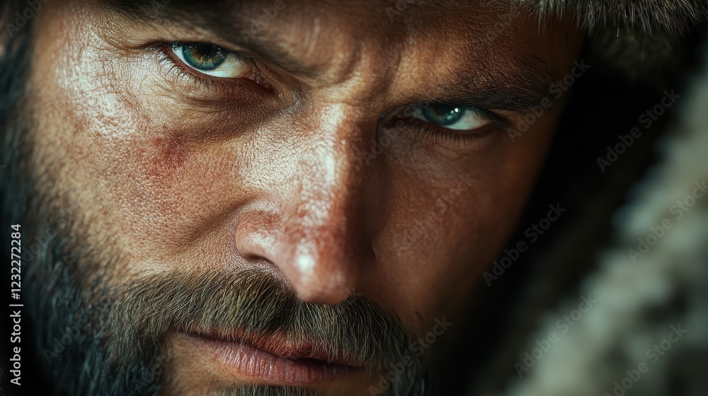 Intense gaze of a rugged man captured in Renaissance portrait style Intense gaze of a rugged man captured in Renaissance portrait style