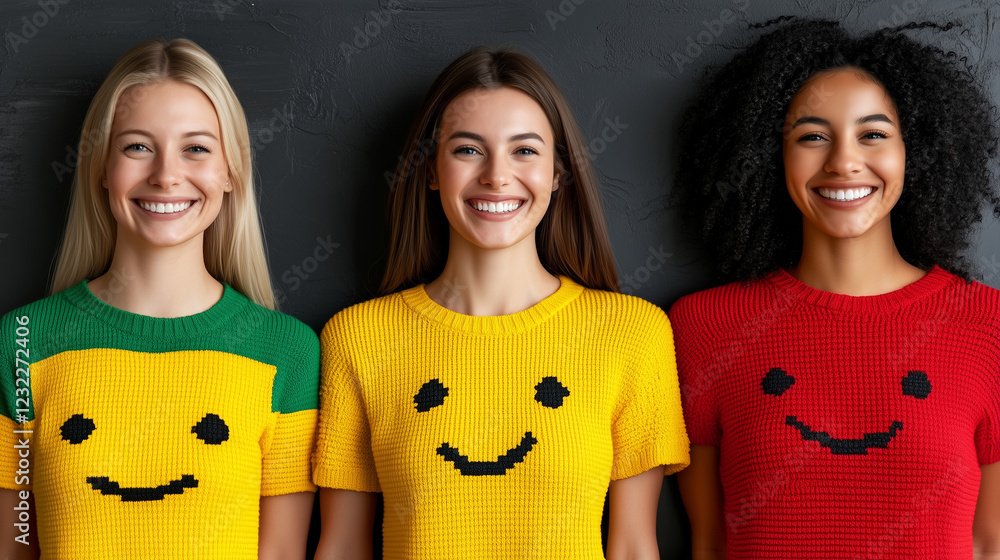 Obraz premium Trzy uśmiechnięte kobiety w kolorowych swetrach z emotikonami