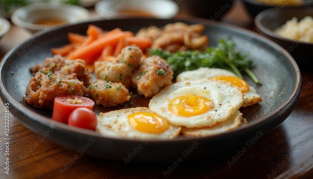 Delicious fried eggs, chicken, and vegetables on a plate. Concept of healthy eating and balanced diet. Delicious fried eggs, chicken, and vegetables on a plate. Concept of healthy eating and balanced diet.