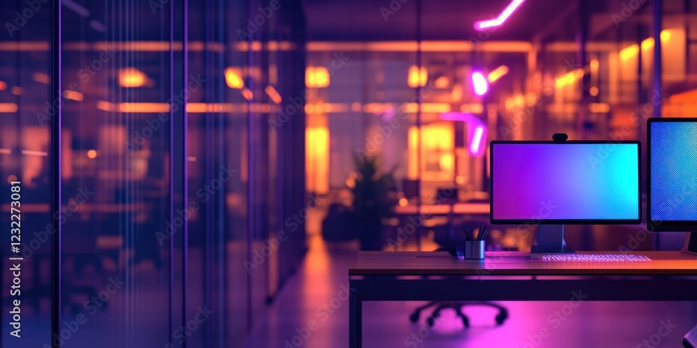 Fototapeta premium Night Office: Modern Workspace with Dual Monitors