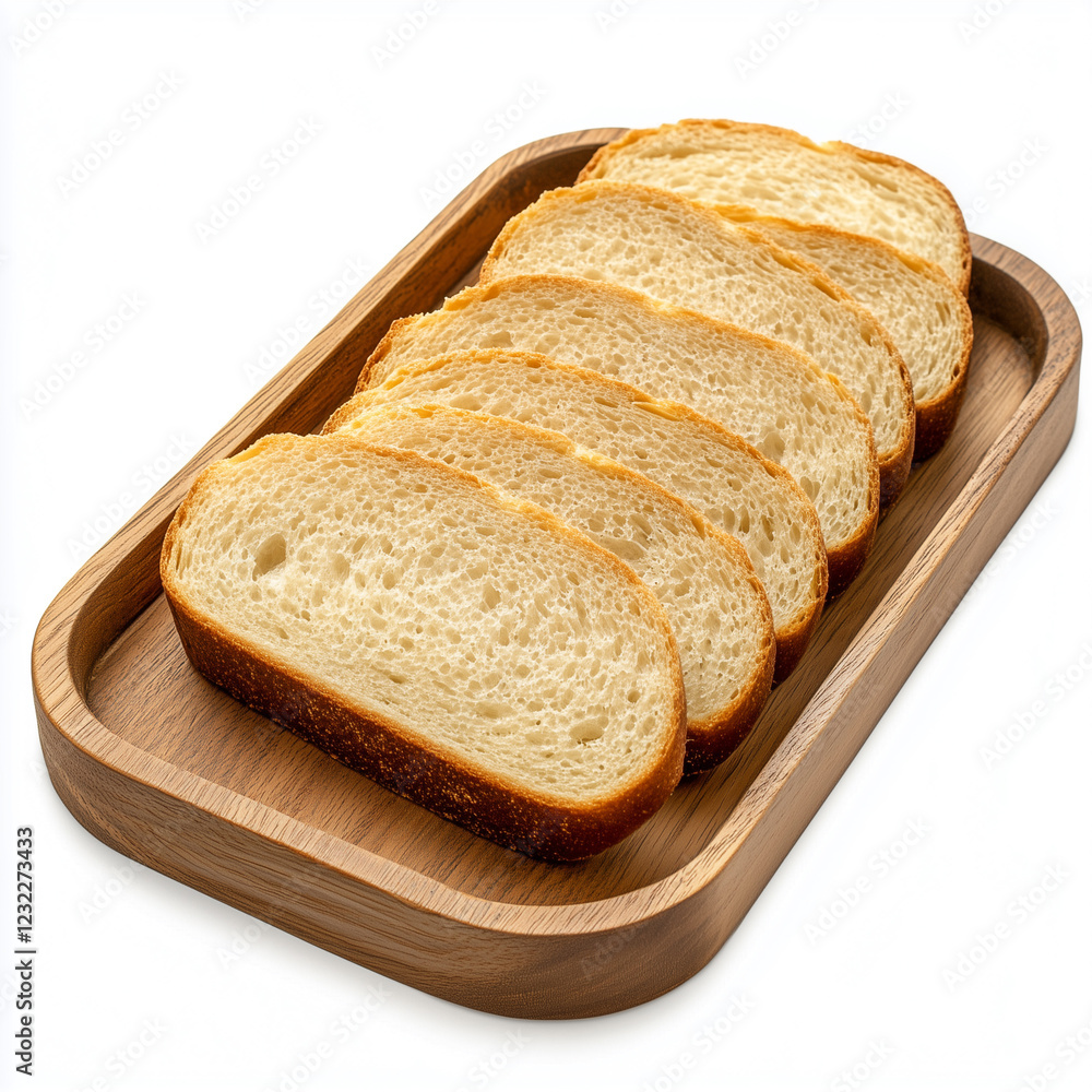 Wooden Tray of Sliced Artisanal Bread, Wooden Tray, top view, isolated on white, food photography Wooden Tray of Sliced Artisanal Bread, Wooden Tray, top view, isolated on white, food photography