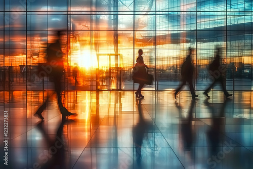 Silhouetted figures walk through a modern building at sunset. Could be office or an airport. 