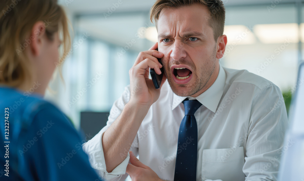 Office worker yelling into phone, uncomfortable office environment, stressful workplace, loud conversation, professional conflict, business tension, workplace issues, office stress Office worker yelling into phone, uncomfortable office environment, stressful workplace, loud conversation, professional conflict, business tension, workplace issues, office stress