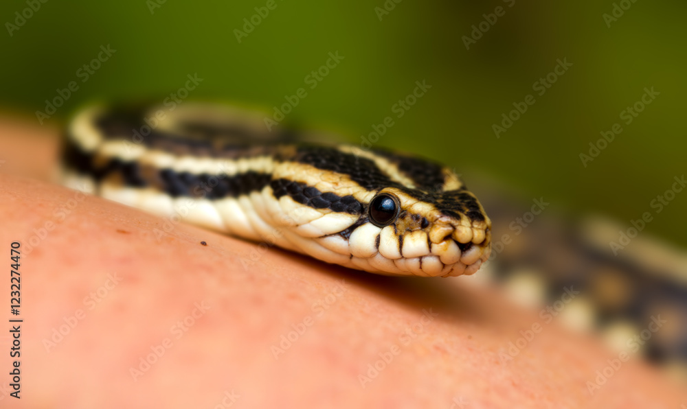 Fototapeta premium Venomous snake lying on human skin close-up. Dangerous reptile in nature photo. Skin texture and snake scales clearly visible
