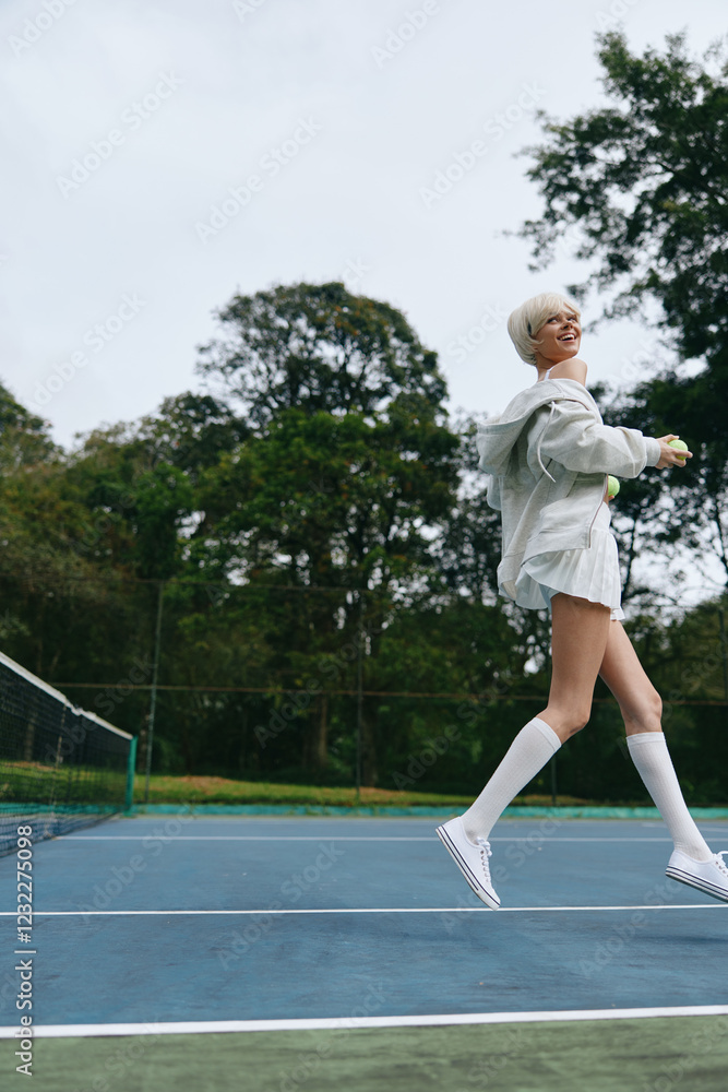 Young female model playing tennis on a sunny day, wearing a casual outfit including a white oversized shirt and knee high socks, exuding joy and energy Young female model playing tennis on a sunny day, wearing a casual outfit including a white oversized shirt and knee high socks, exuding joy and energy