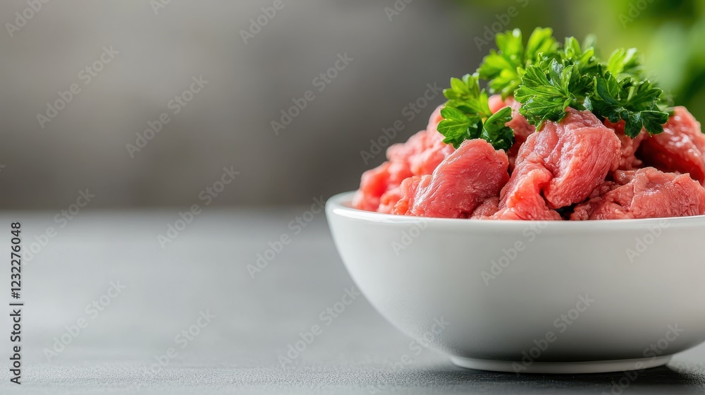 Fresh minced beef adorned with parsley, perfect for cooking delights Fresh minced beef adorned with parsley, perfect for cooking delights