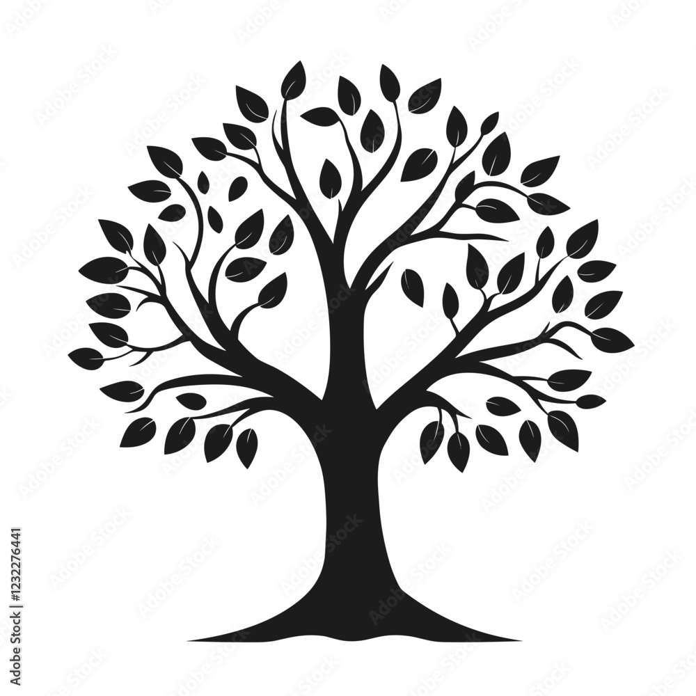 Black tree icon silhouette with leaves on white background with copy space Black tree icon silhouette with leaves on white background with copy space