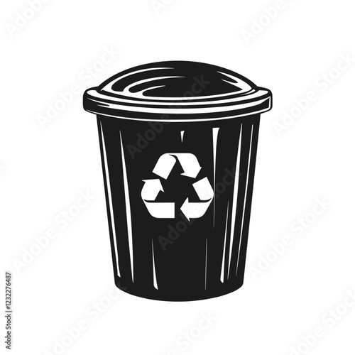 Black trash bin with recycling symbol on white background with copy space