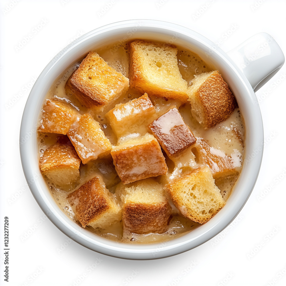 Mug of Savandy Bread Pudding, Coffee Mug Style, top view, isolated on white, food setting Mug of Savandy Bread Pudding, Coffee Mug Style, top view, isolated on white, food setting