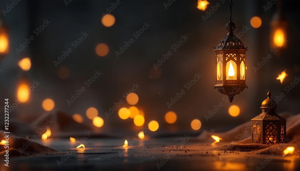 Obraz premium Glowing Ramadan Lanterns Warm Festive Lights Dark Background