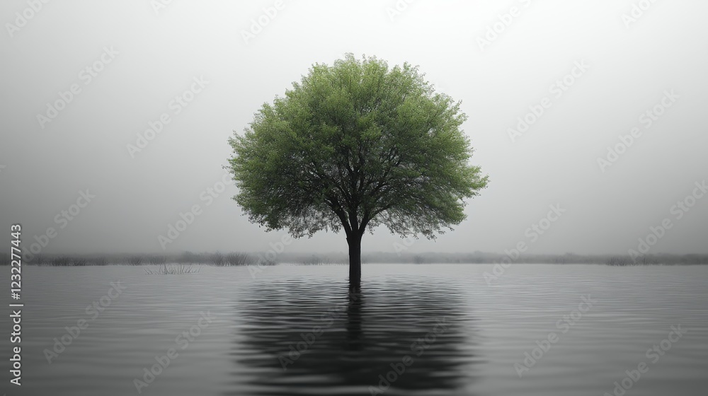 Lone tree stands tall in floodwaters amid a black and white landscape Lone tree stands tall in floodwaters amid a black and white landscape