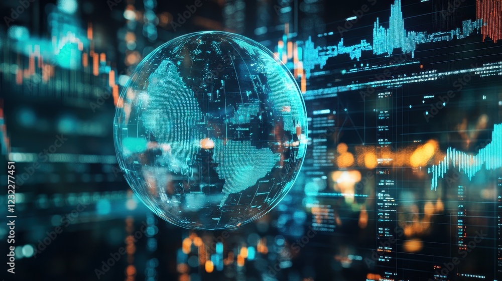 Fototapeta premium A futuristic representation of global connections, a globe surrounded by spinning holographic data points, sci-fi, high resolution, vibrant tones