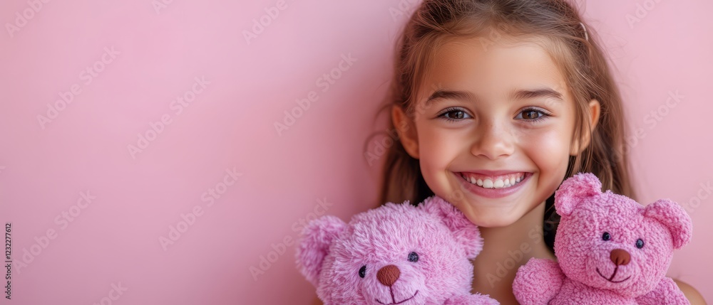 A Smiling Girl Holds Two Pink Teddy Bears Against A Pink Background. The Image Is Bright, Cheerful, And Evokes A Feeling Of Happiness And Innocence. A Smiling Girl Holds Two Pink Teddy Bears Against A Pink Background. The Image Is Bright, Cheerful, And Evokes A Feeling Of Happiness And Innocence.