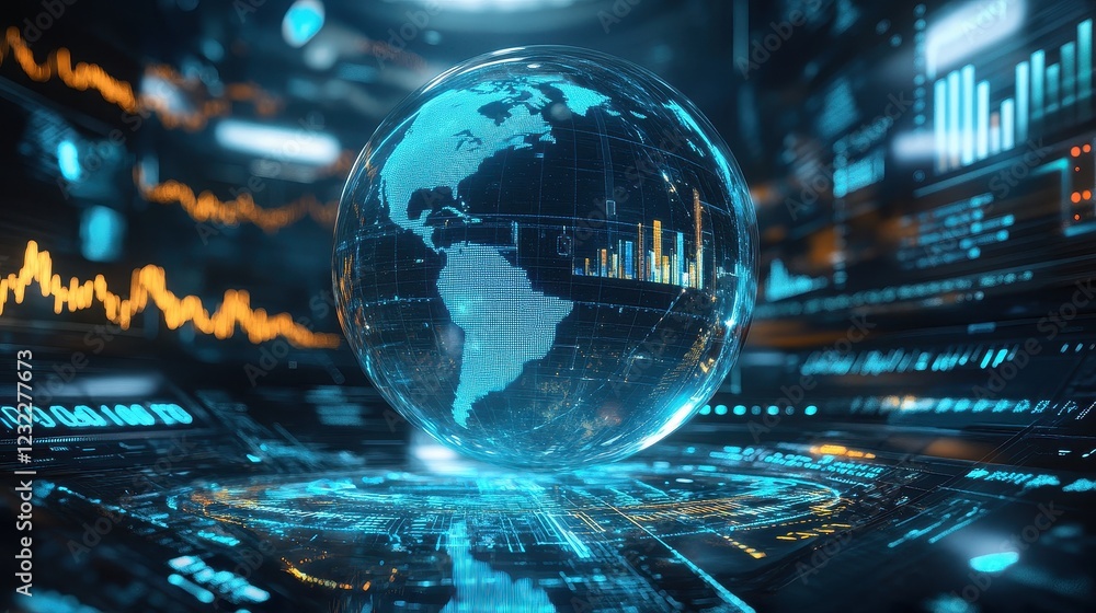 Fototapeta premium A futuristic representation of global connections, a globe surrounded by spinning holographic data points, sci-fi, high resolution, vibrant tones