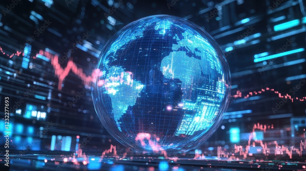 Obraz premium A futuristic representation of global connections, a globe surrounded by spinning holographic data points, sci-fi, high resolution, vibrant tones