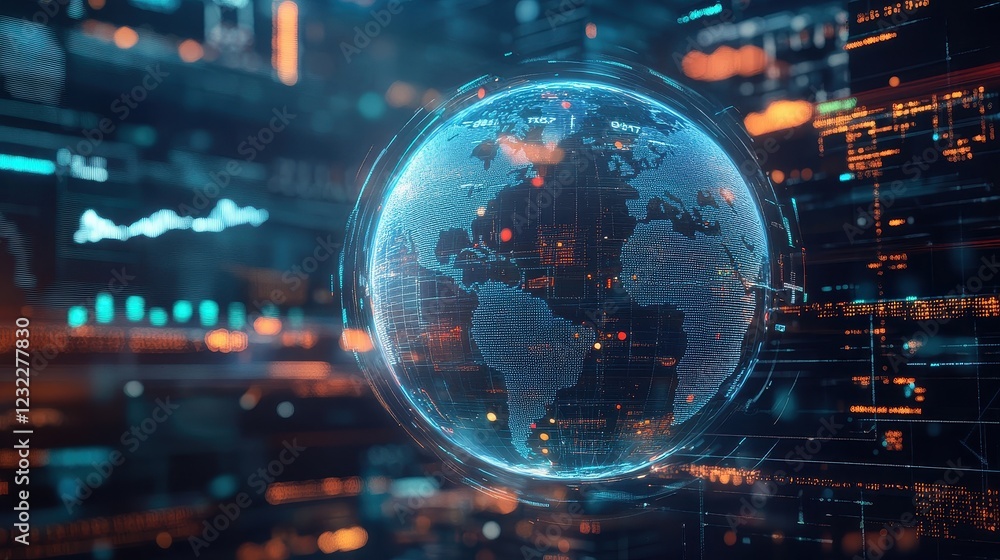 Fototapeta premium A futuristic representation of global connections, a globe surrounded by spinning holographic data points, sci-fi, high resolution, vibrant tones
