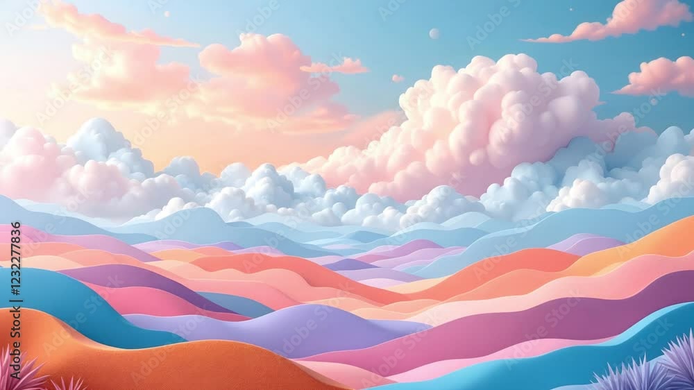 Paper Cutout Style Landscape with Layered Hills and Billowing Clouds Against a Vivid Sunset Sky Paper Cutout Style Landscape with Layered Hills and Billowing Clouds Against a Vivid Sunset Sky