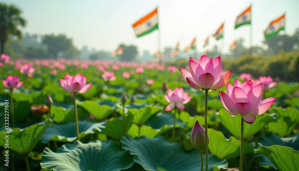 Blooming lotus flowers with Indian flags in background, symbolizing celebration for Independence Day