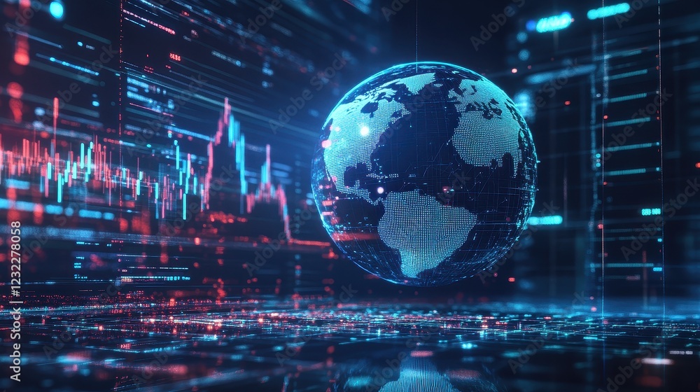 A futuristic representation of global connections, a globe surrounded by spinning holographic data points, sci-fi, high resolution, vibrant tones A futuristic representation of global connections, a globe surrounded by spinning holographic data points, sci-fi, high resolution, vibrant tones