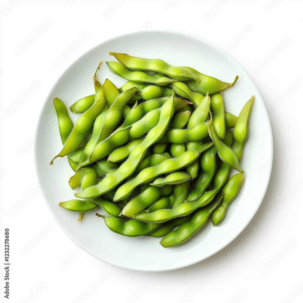 Plate of Edamame, Sushi Plate Style, top view, isolated on white, food setting Plate of Edamame, Sushi Plate Style, top view, isolated on white, food setting