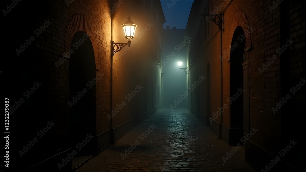 Obraz premium A dark alleyway with light reflecting off wet cobblestones