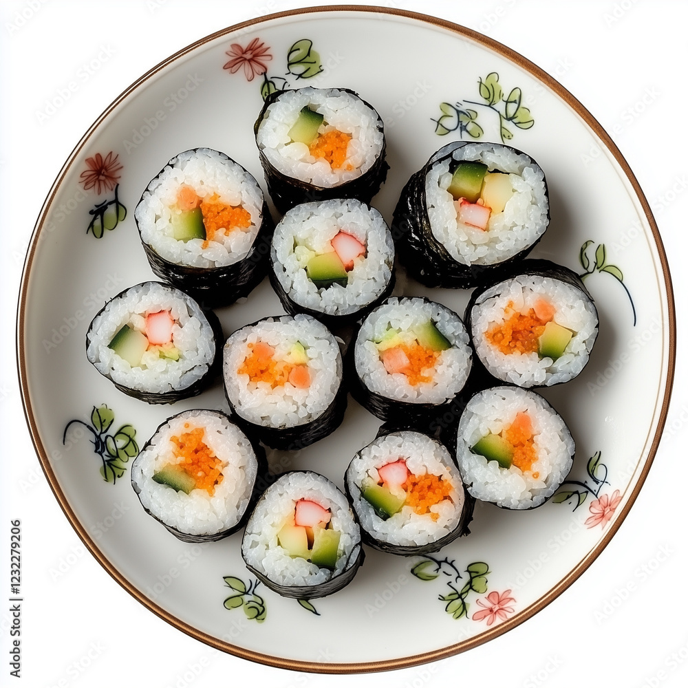 Plate of Hosomaki, Thin Roll, Sushi Plate Style, top view, isolated on white, food setting Plate of Hosomaki, Thin Roll, Sushi Plate Style, top view, isolated on white, food setting