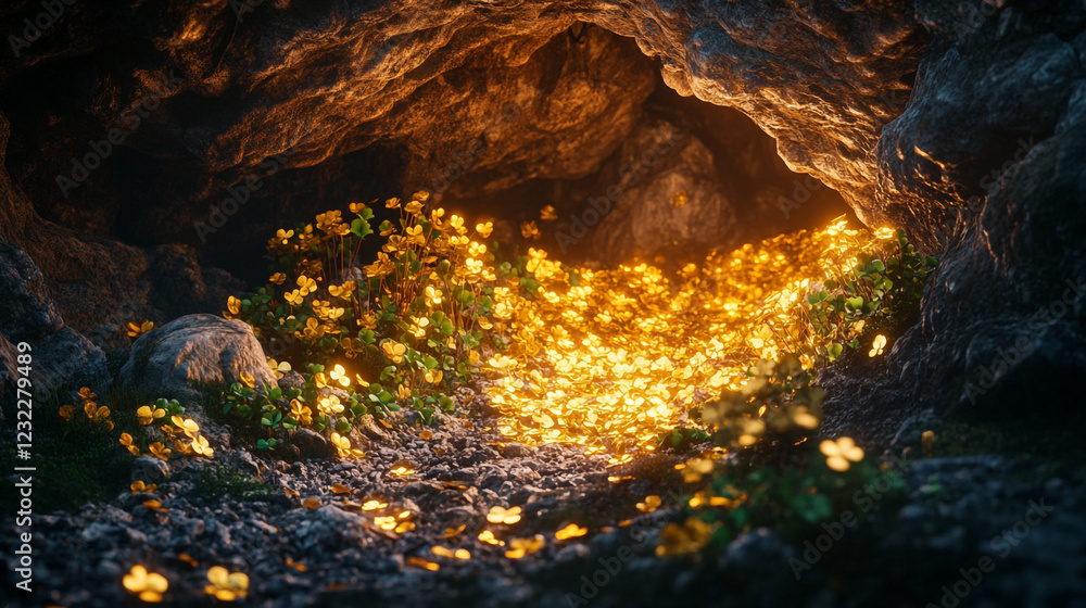 Warm glow of clover blossoms lighting up an enchanting cave entrance on St. Patrick's Day outdoors Warm glow of clover blossoms lighting up an enchanting cave entrance on St. Patrick's Day outdoors