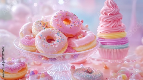 Pink donuts and cupcake, pastel background, sweet treats, dessert table, food photography photo