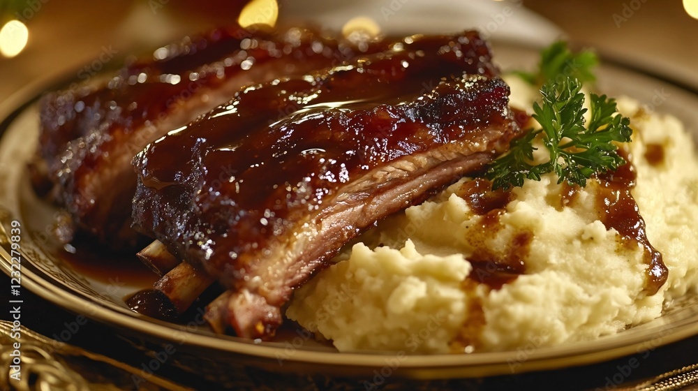 Barbecue-glazed ribs served on a plate with creamy mashed potatoes, garnished with fresh parsley, creating a hearty and appetizing meal Barbecue-glazed ribs served on a plate with creamy mashed potatoes, garnished with fresh parsley, creating a hearty and appetizing meal
