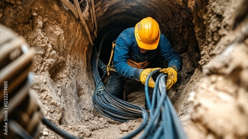 Worker handles thick cables inside a narrow trench.